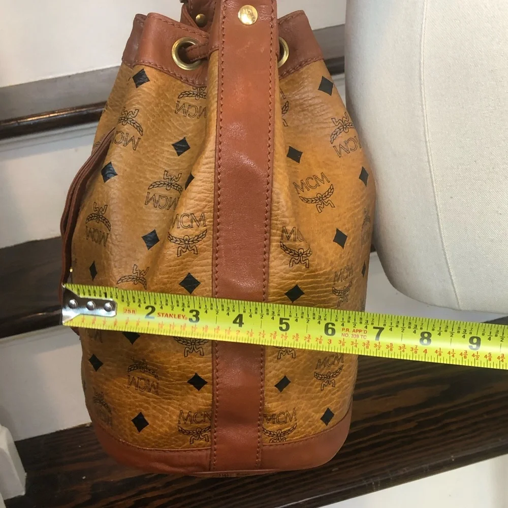 MCM Visetos Cognac Leather Monogram Bucket Drawstring Crossbody Bag EUC